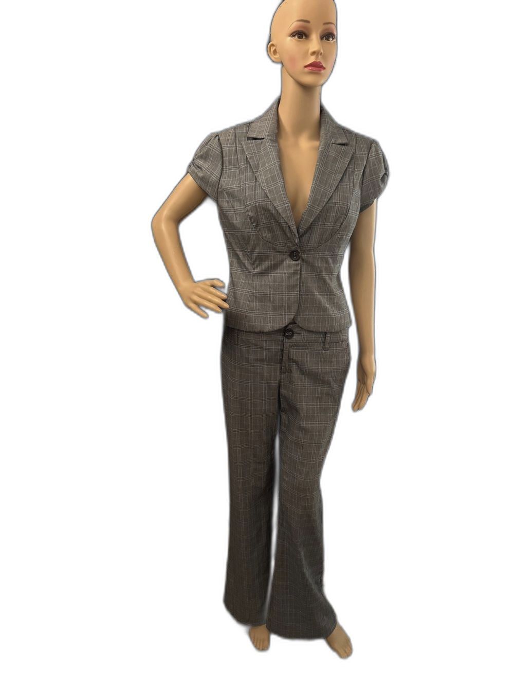 Rampage Plaid Pant Suit Set Gray Blazer & Flare Pants Career Office M 7